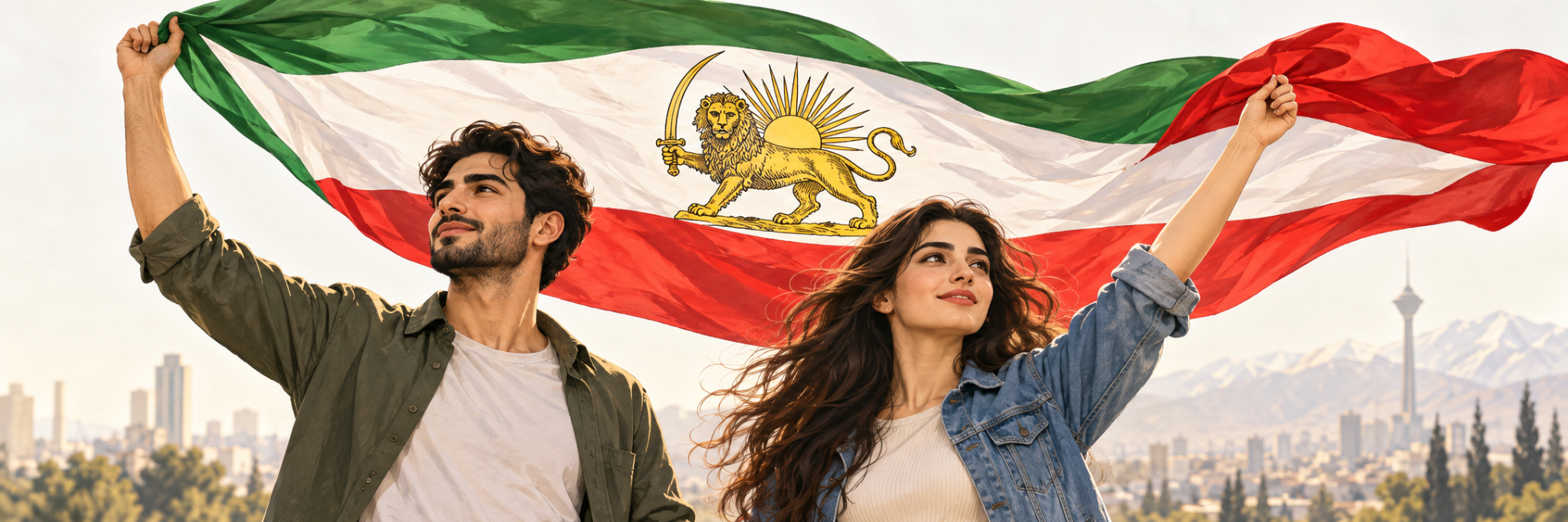 Unge iranere med sol-og-løve-flagget